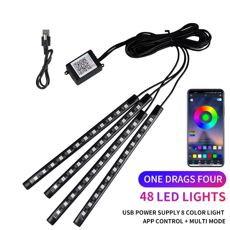 RGB LED Car Interior Strip Lights - Music Control Ambient Lighting Kit with Remote & App