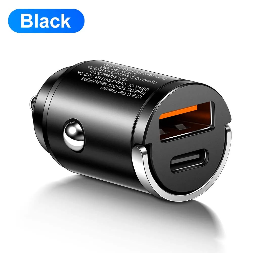 100W Mini Pull Ring Car Charger - Dual USB-C & QC 3.0 Fast Charging