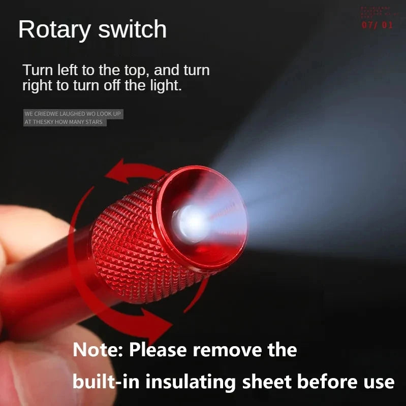 Mini keychain flashlight:Size: 60mm*15mmWeight: 25gBattery: with four batteriesNote: Please remove the built-in insulating sheet before use