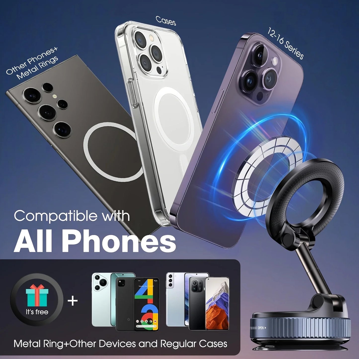 N52 Magnetic Phone Holder - 360° Rotatable with Vacuum Suction Cup