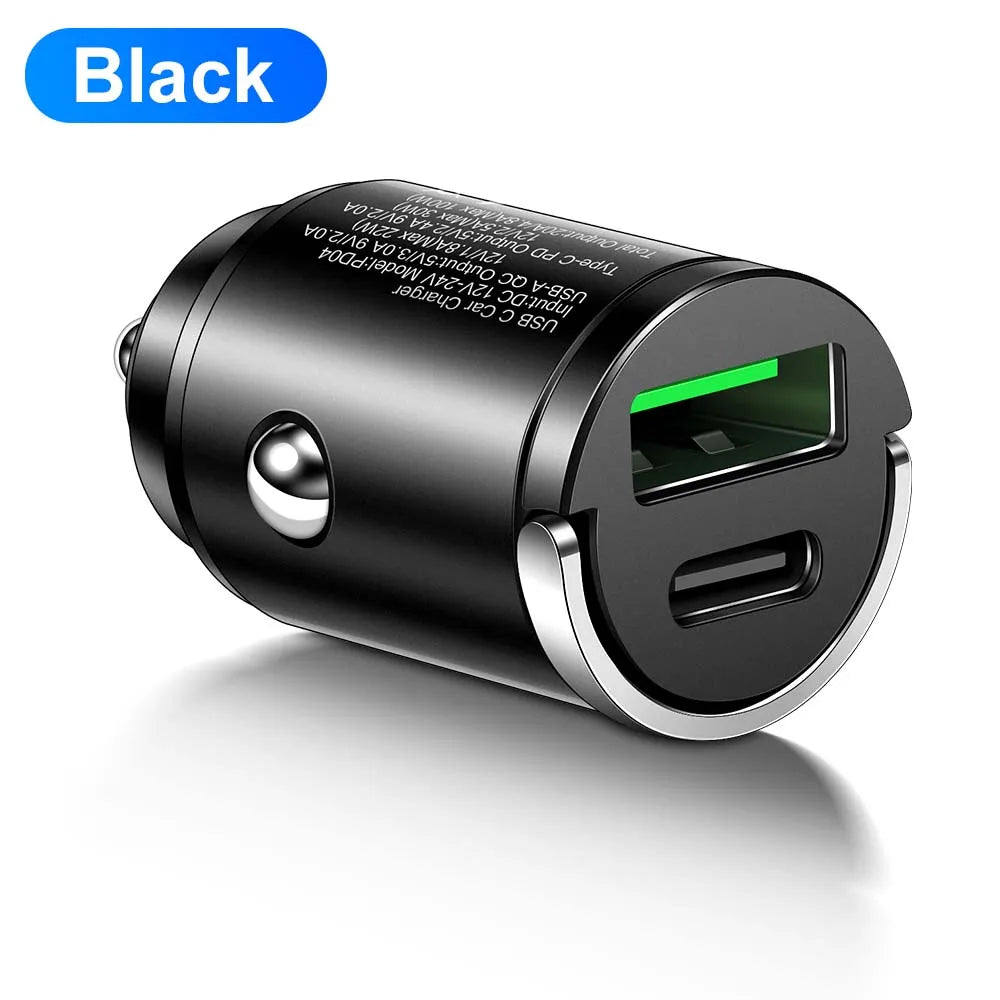 100W Mini Pull Ring Car Charger - Dual USB-C & QC 3.0 Fast Charging