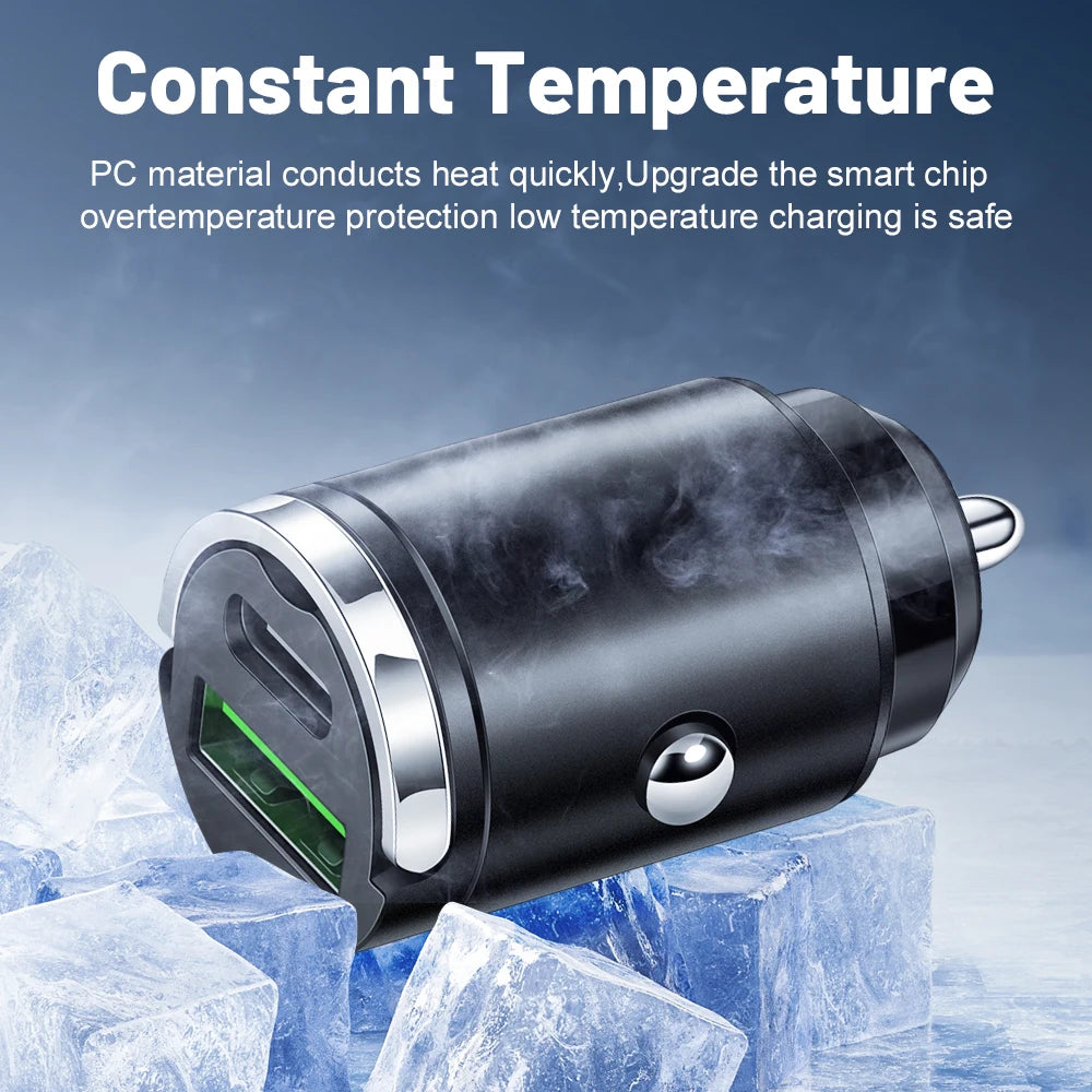 100W Mini Pull Ring Car Charger - Dual USB-C & QC 3.0 Fast Charging