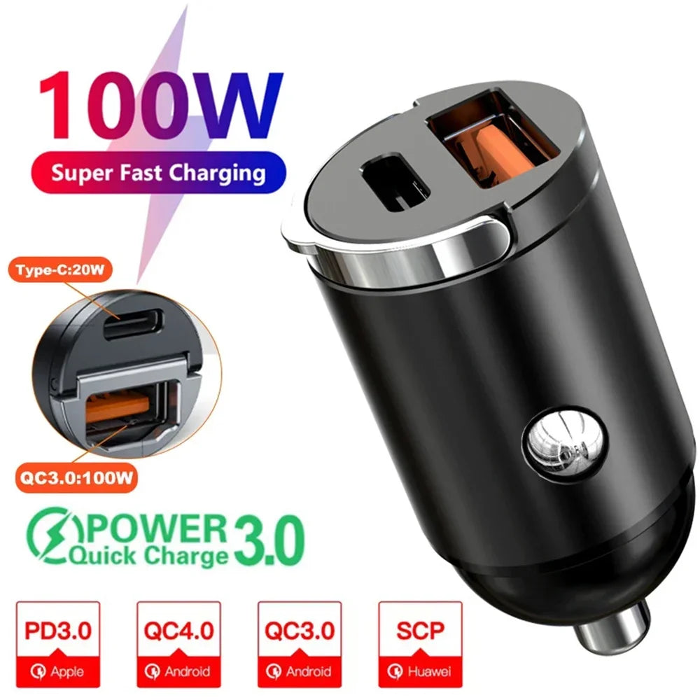 100W Mini Pull Ring Car Charger - Dual USB-C & QC 3.0 Fast Charging