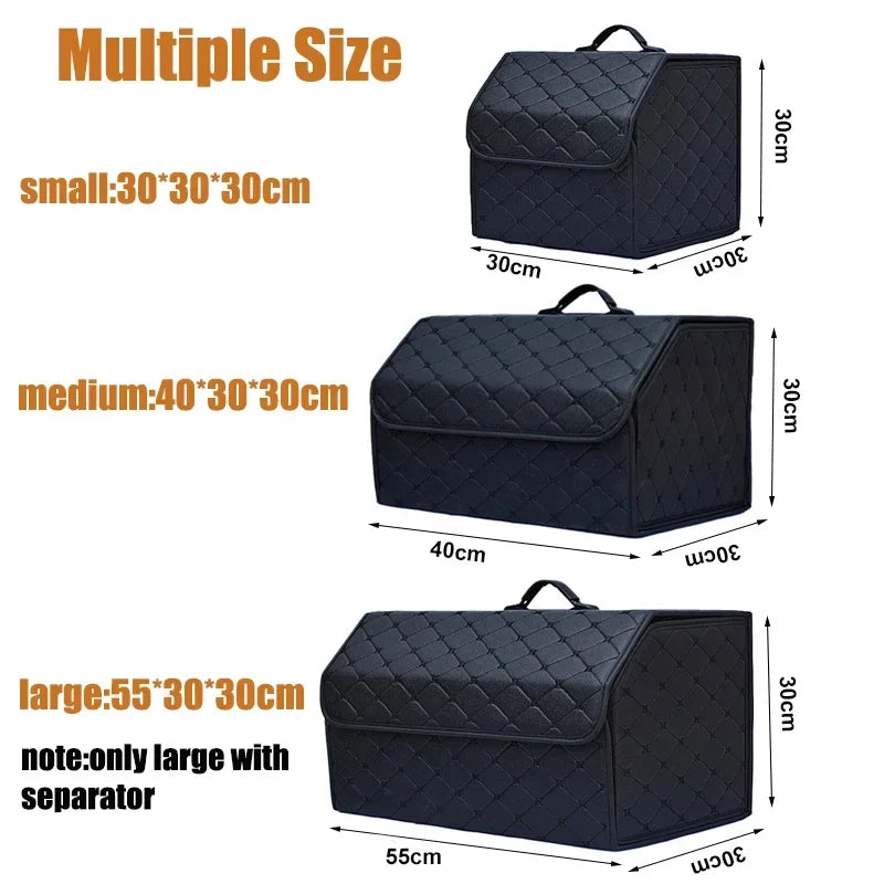PU Leather Collapsible Car Trunk Organizer - Premium Storage Box with Handles