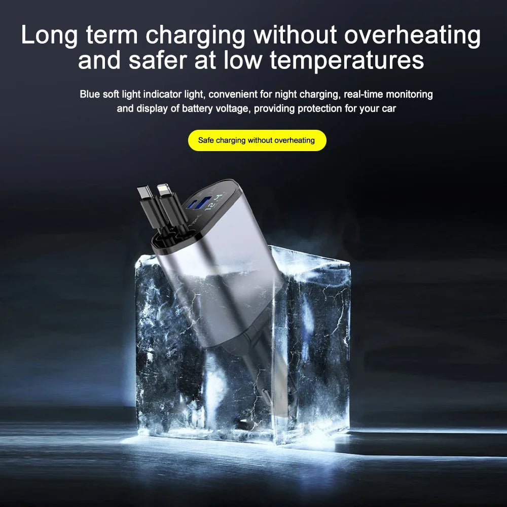 120W Fast Car Charger - 4-Device USB-C & Lightning with Retractable Cables