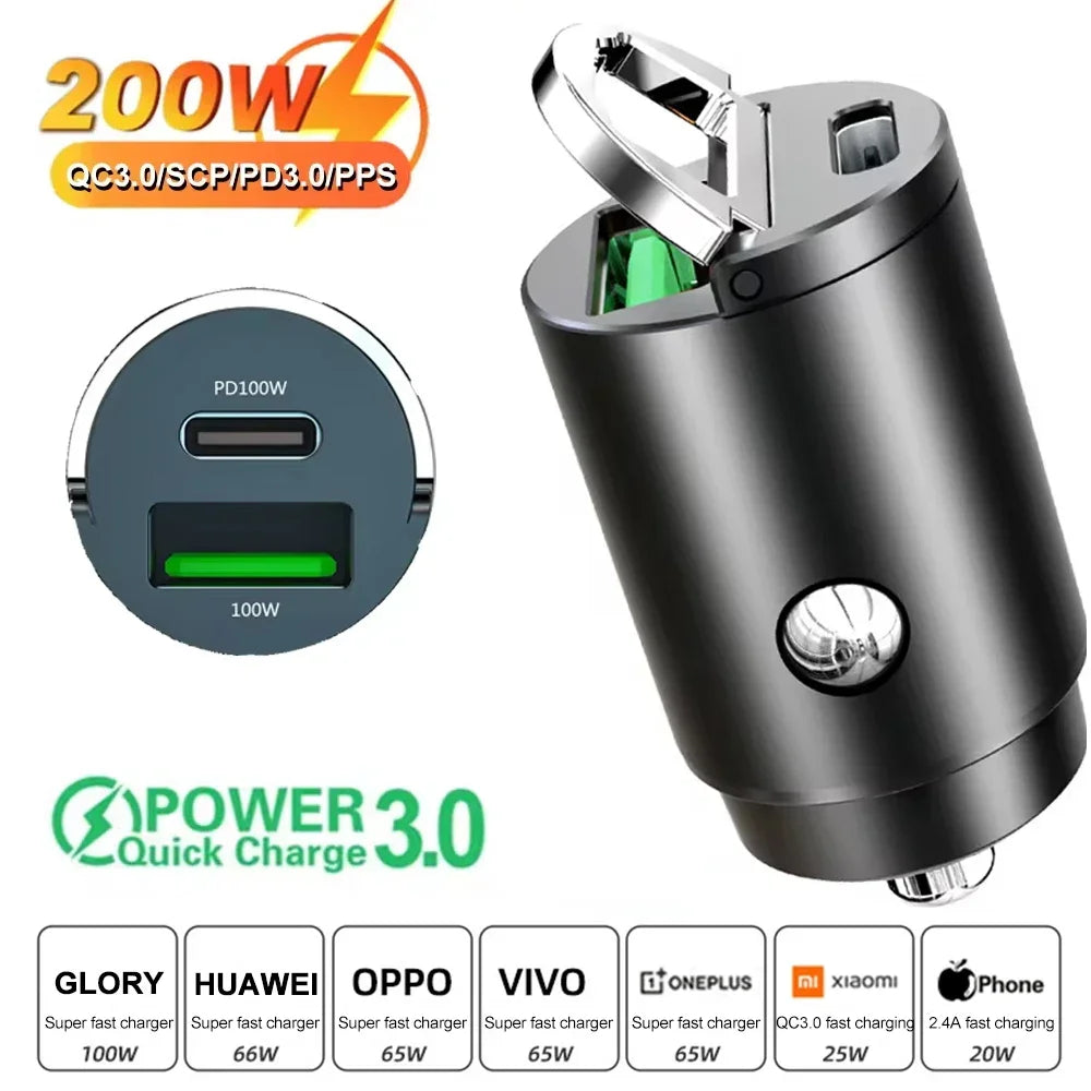100W Mini Pull Ring Car Charger - Dual USB-C & QC 3.0 Fast Charging