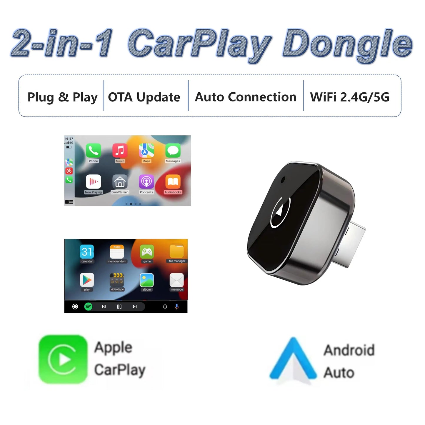 2-in-1 Wireless CarPlay and Android Auto Adapter - Converts Wired to Wireless Connection