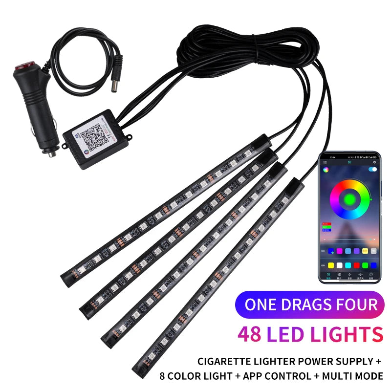 RGB LED Car Interior Strip Lights - Music Control Ambient Lighting Kit with Remote & App