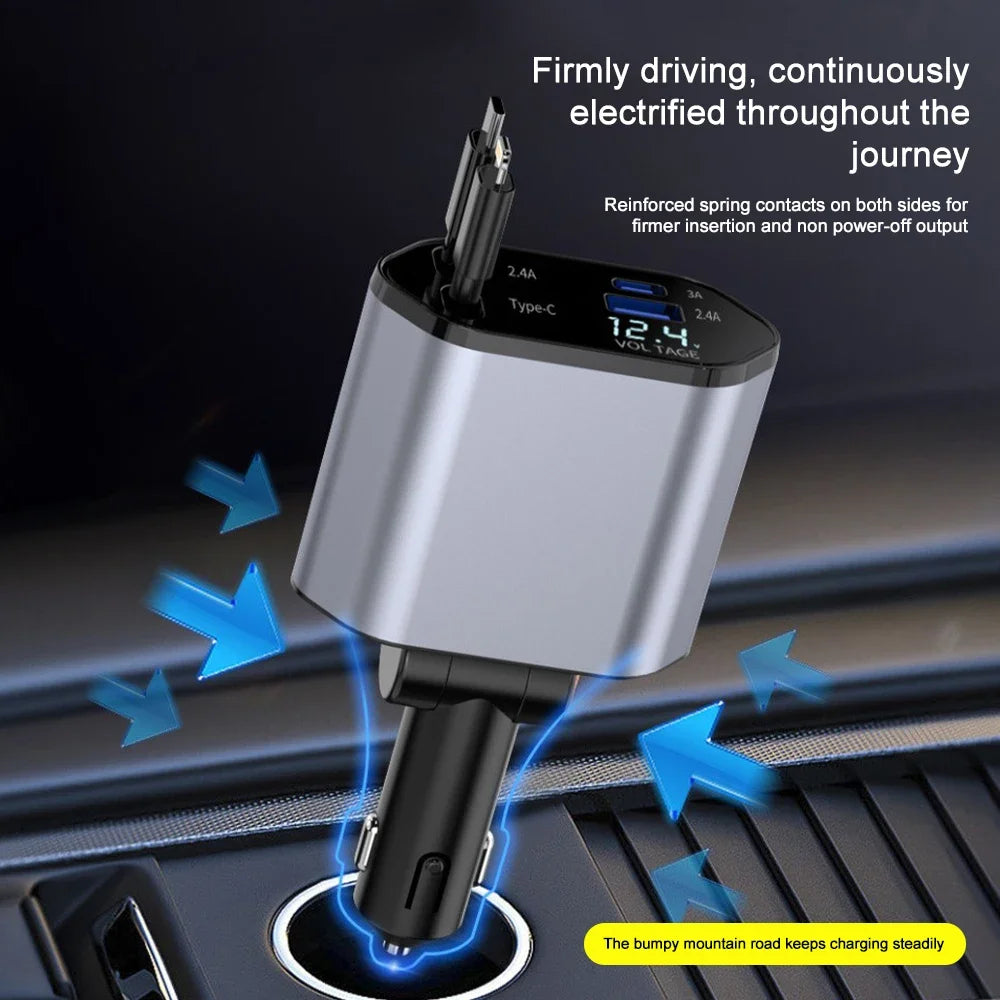 120W Fast Car Charger - 4-Device USB-C & Lightning with Retractable Cables