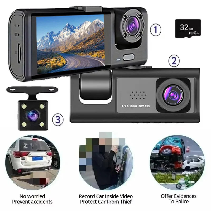 3-Camera Dash Cam System - 1080P HD with IR Night Vision & 2" IPS Screen