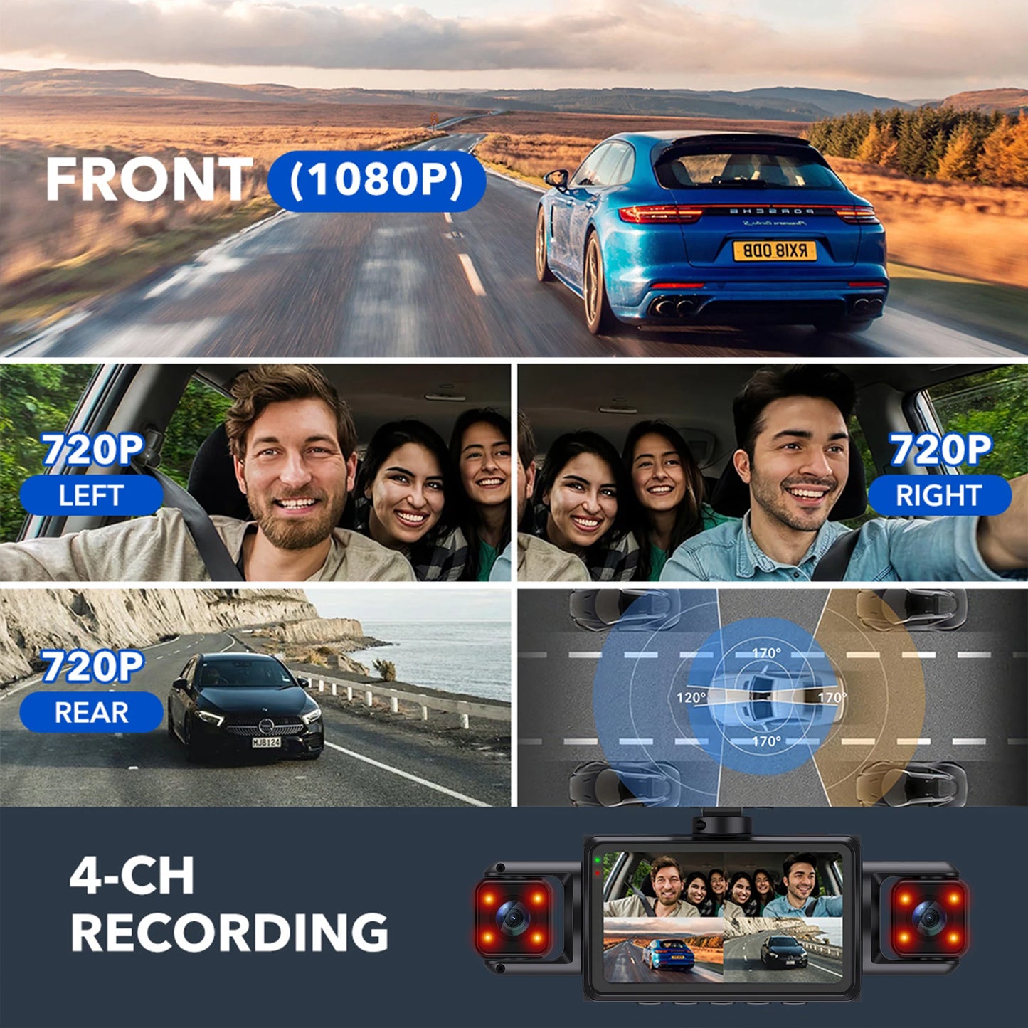 4-Channel Car Dash Cam - 1080P FHD WiFi Black Box with Night Vision & Hardwire Kit