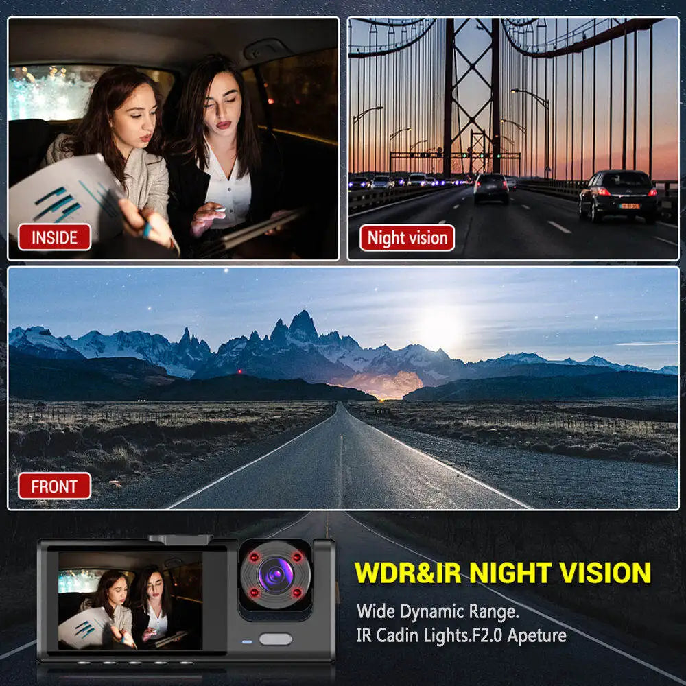 3-Camera Dash Cam System - 1080P HD with IR Night Vision & 2" IPS Screen