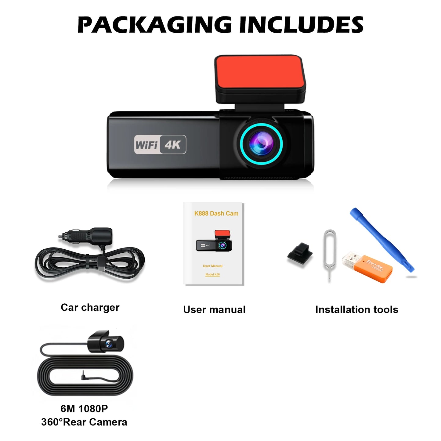 Aprilboy 4K WiFi Dash Cam - Dual Lens Front & Rear with Night Vision & 24H Parking Monitor