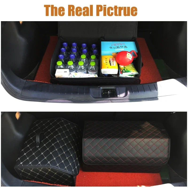 PU Leather Collapsible Car Trunk Organizer - Premium Storage Box with Handles