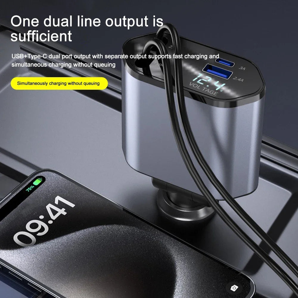 120W Fast Car Charger - 4-Device USB-C & Lightning with Retractable Cables