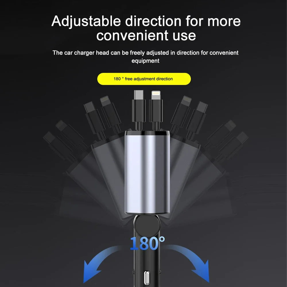 120W Fast Car Charger - 4-Device USB-C & Lightning with Retractable Cables