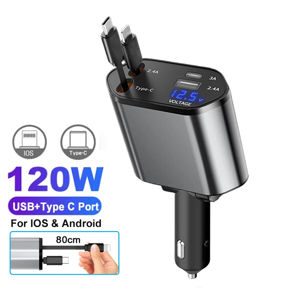 120W Fast Car Charger - 4-Device USB-C & Lightning with Retractable Cables