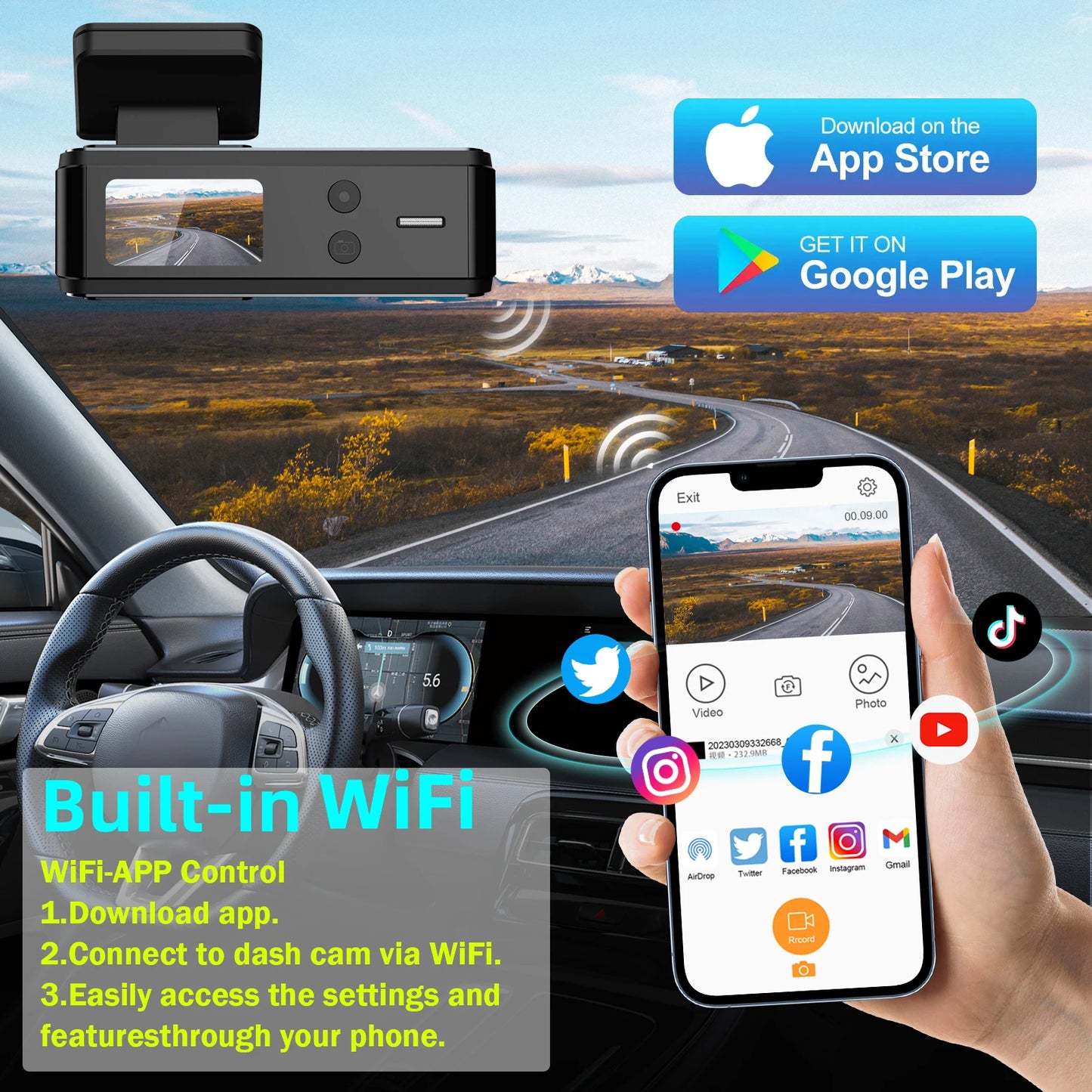Aprilboy 4K WiFi Dash Cam - Dual Lens Front & Rear with Night Vision & 24H Parking Monitor
