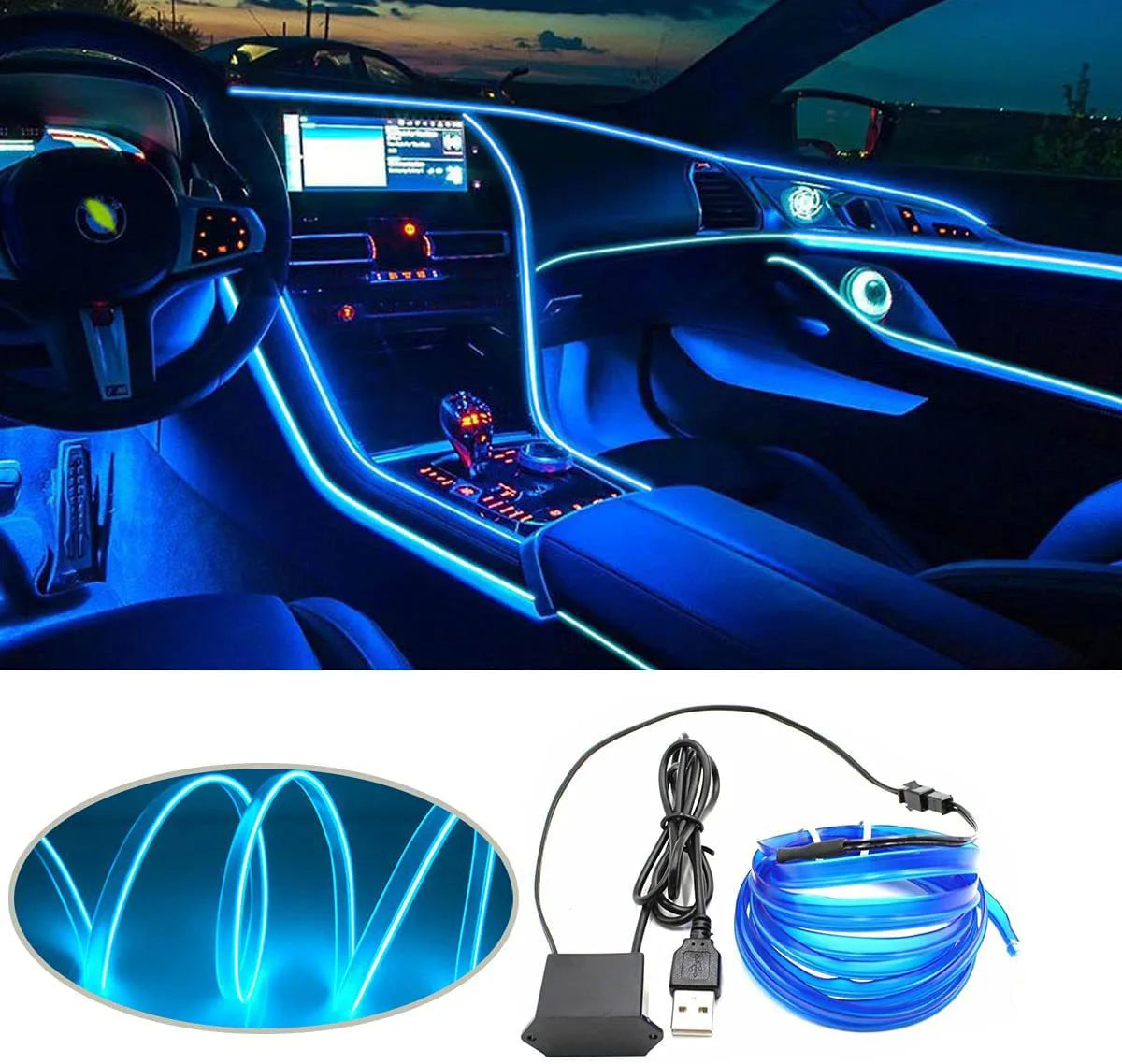 EL Wire Car Interior LED Strip - Flexible Neon Ambient Lighting for Auto DIY