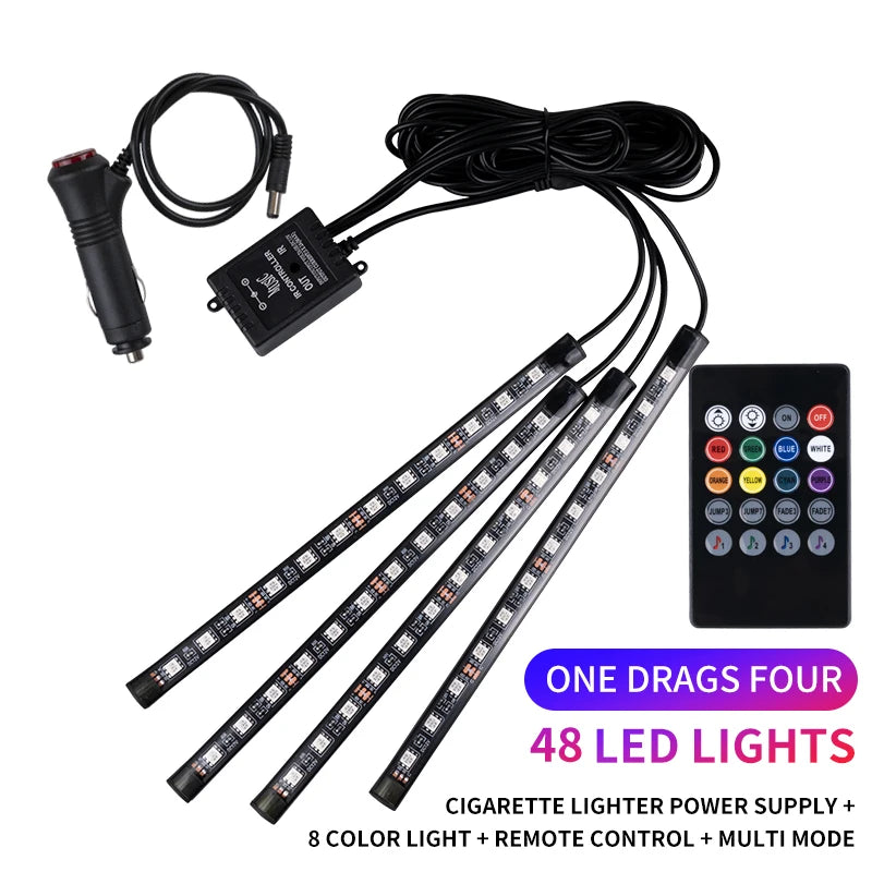 RGB LED Car Interior Strip Lights - Music Control Ambient Lighting Kit with Remote & App