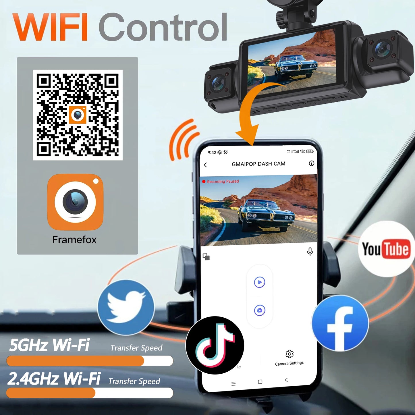 4-Channel Car Dash Cam - 1080P FHD WiFi Black Box with Night Vision & Hardwire Kit