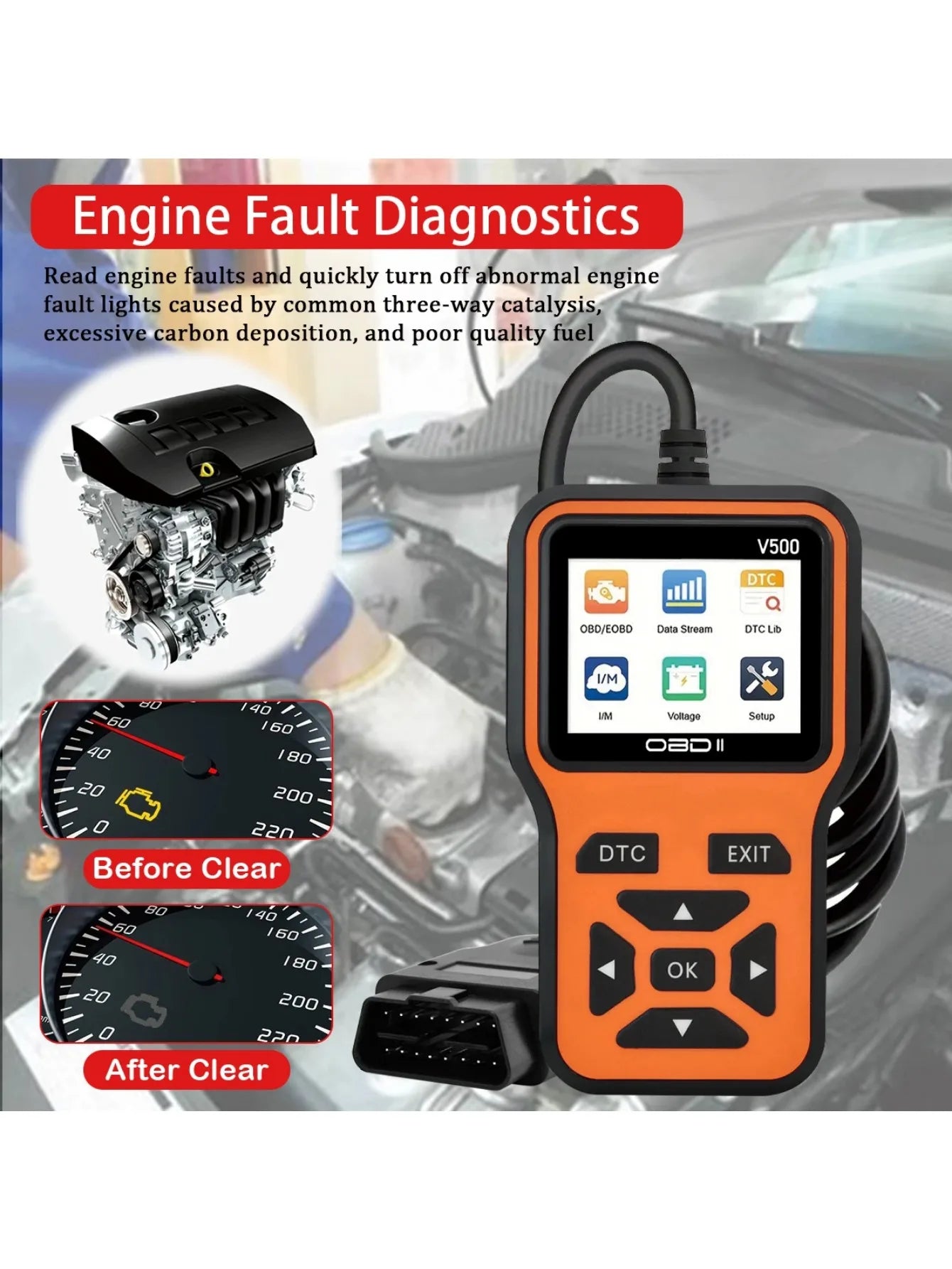 OBD2 Scanner V500 - Professional Car Diagnostic Tool with Engine Fault Code Reader