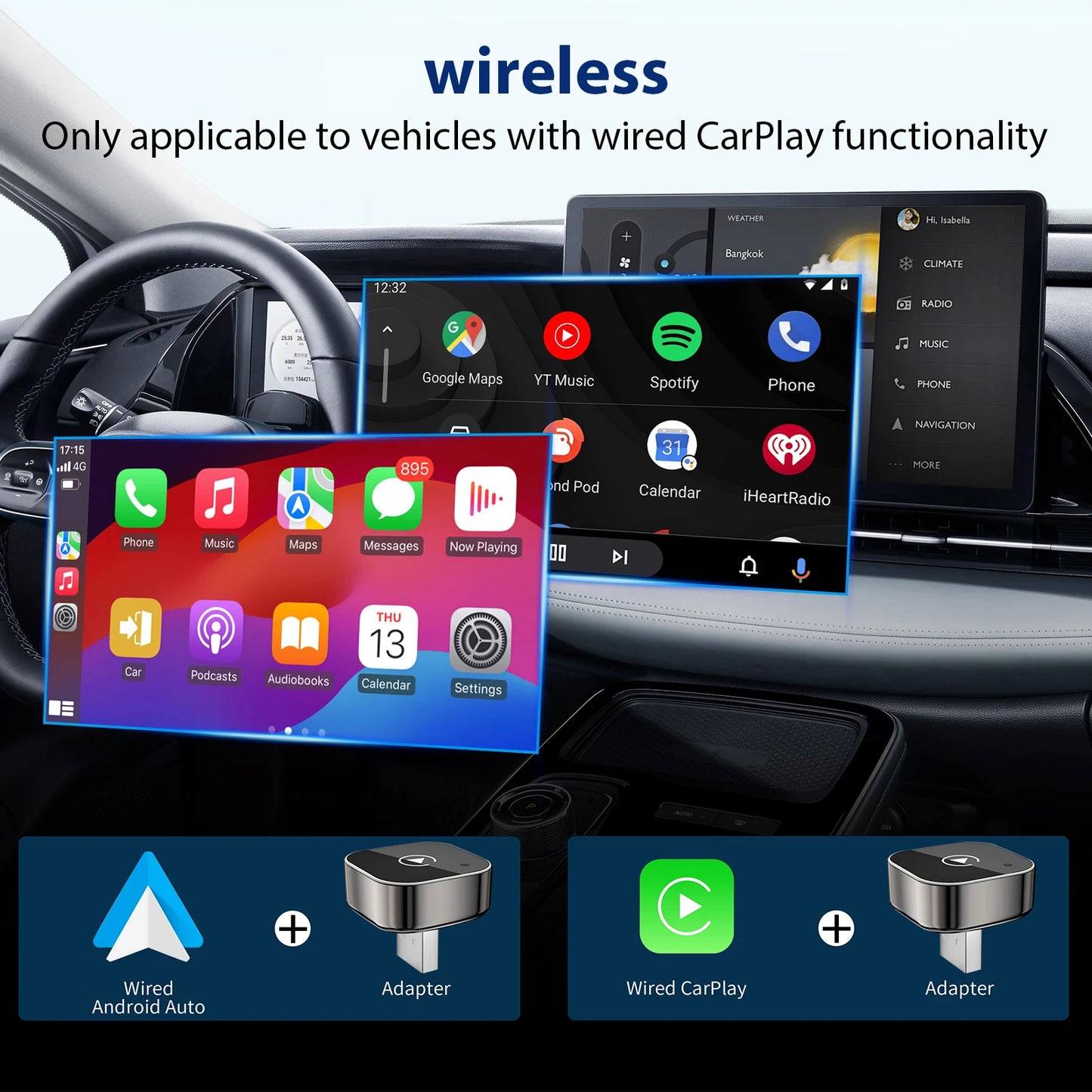 2-in-1 Wireless CarPlay and Android Auto Adapter - Converts Wired to Wireless Connection