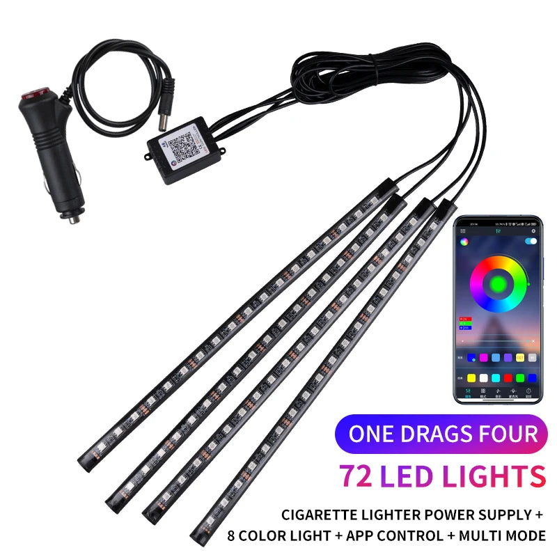RGB LED Car Interior Strip Lights - Music Control Ambient Lighting Kit with Remote & App