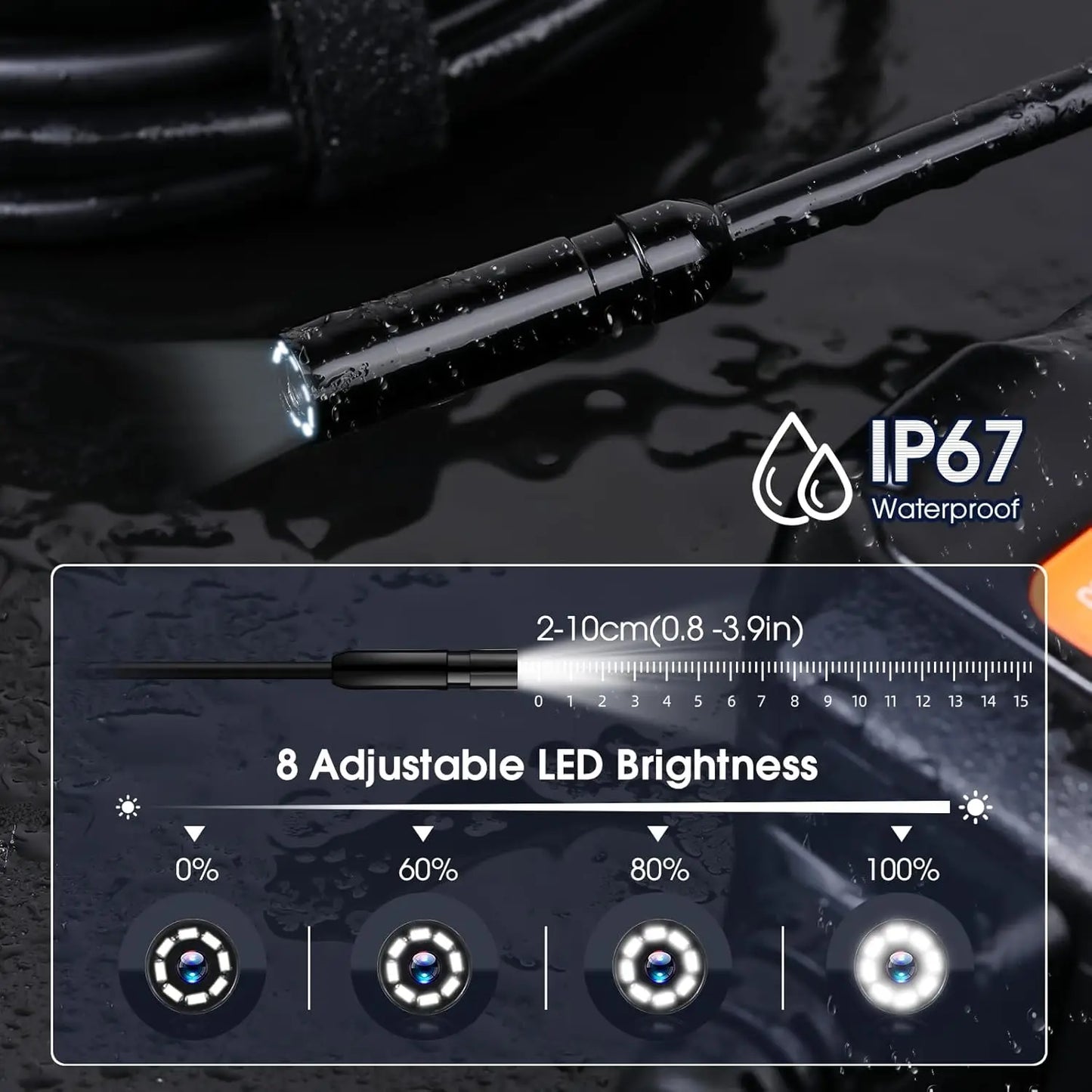 Industrial Endoscope Camera - 4.3" IPS Screen 1080P HD with 8 LED Lights & IP67 Waterproof