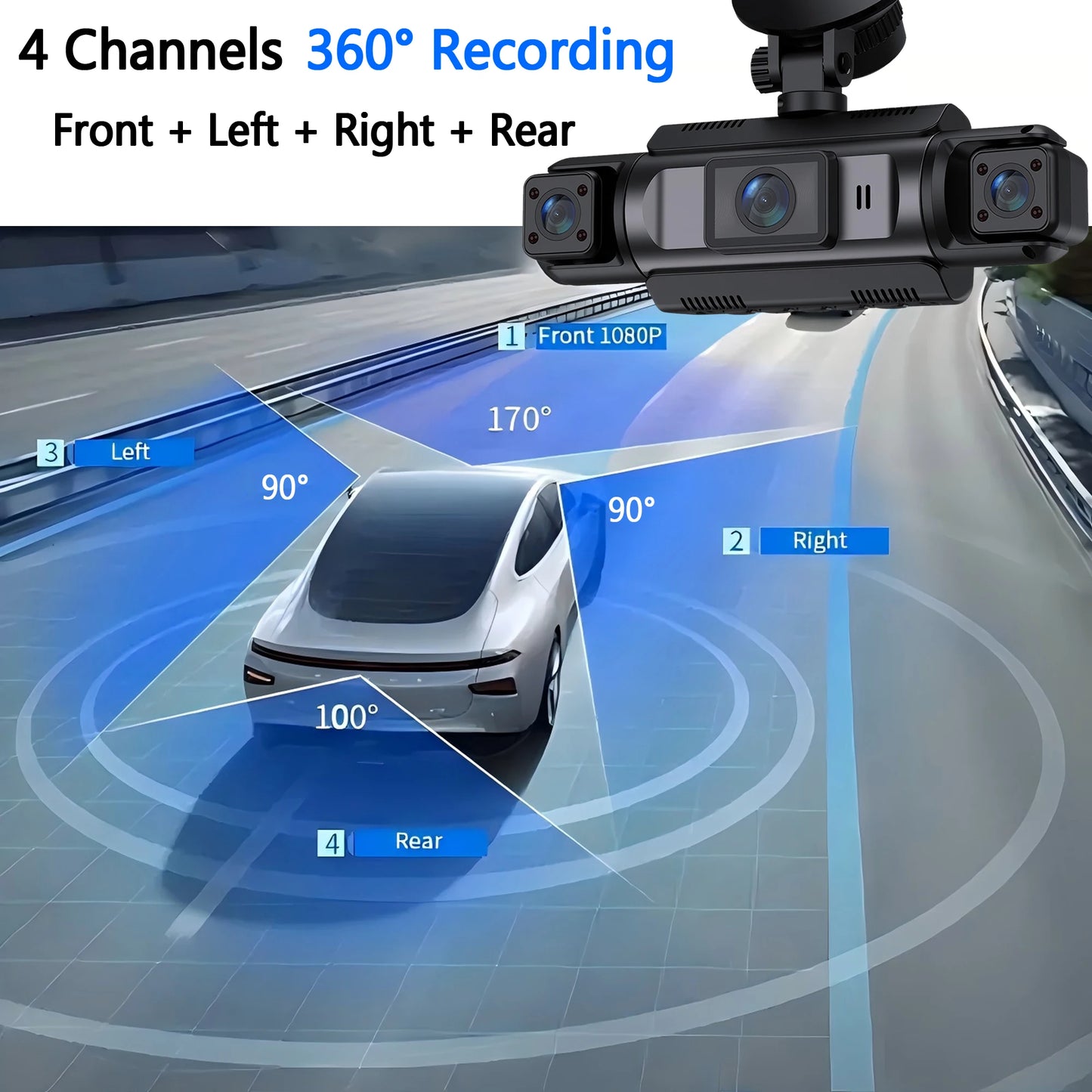 4-Channel Car Dash Cam - 1080P FHD WiFi Black Box with Night Vision & Hardwire Kit
