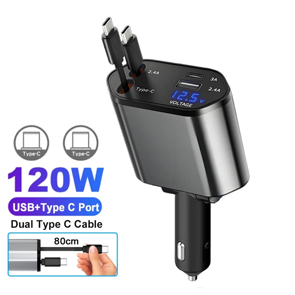 120W Fast Car Charger - 4-Device USB-C & Lightning with Retractable Cables