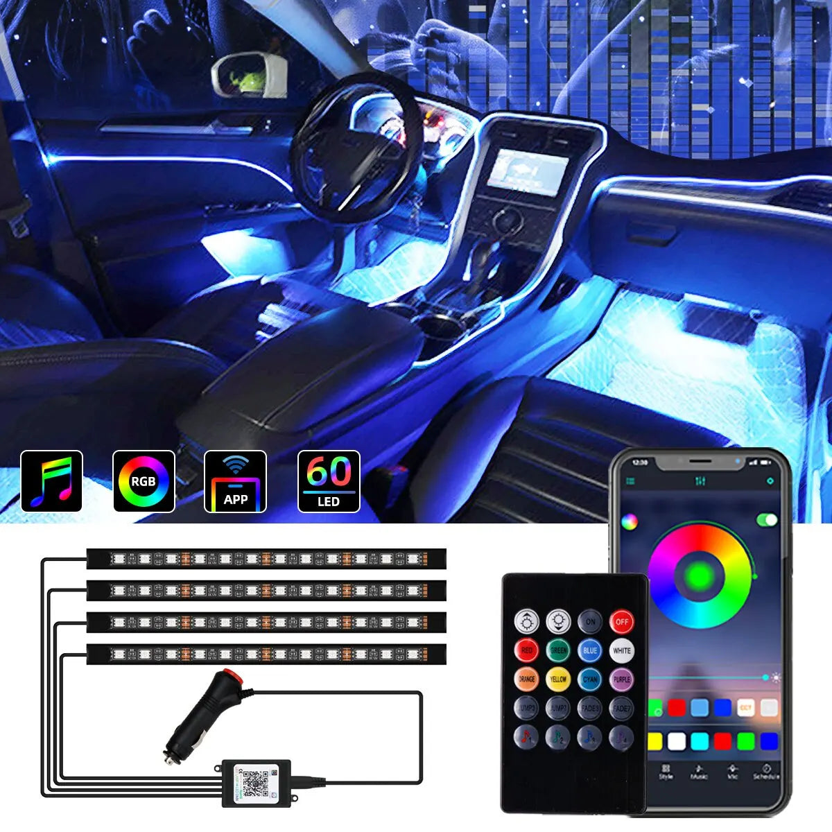 RGB LED Car Interior Strip Lights - Music Control Ambient Lighting Kit with Remote & App
