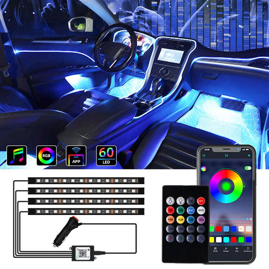 RGB LED Car Interior Strip Lights - Music Control Ambient Lighting Kit with Remote & App