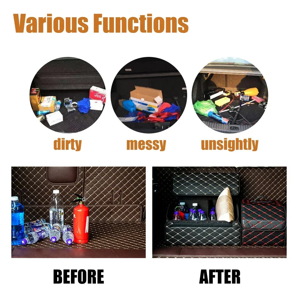 PU Leather Collapsible Car Trunk Organizer - Premium Storage Box with Handles