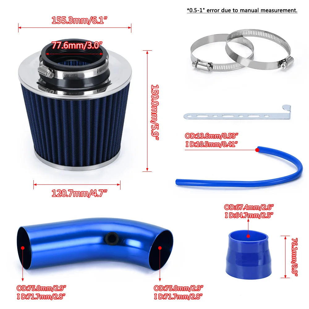 LZONE Universal 3" Cold Air Intake Kit - 76mm Aluminum Turbo Induction System