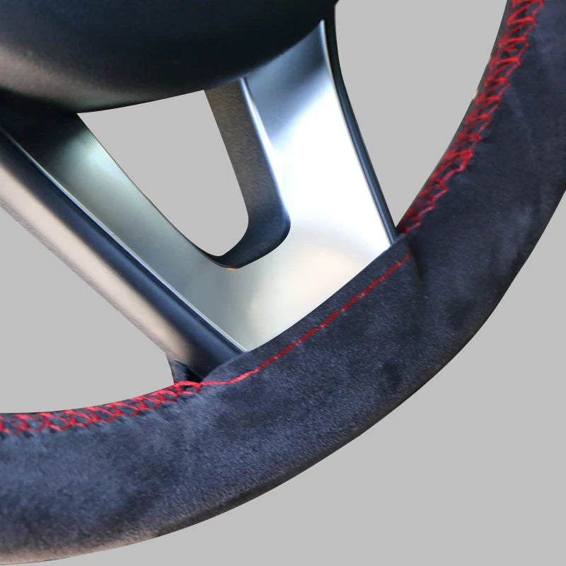 37-38cm Universal Suede Steering Wheel Cover - DIY Hand Sewing Black Leather Braiding
