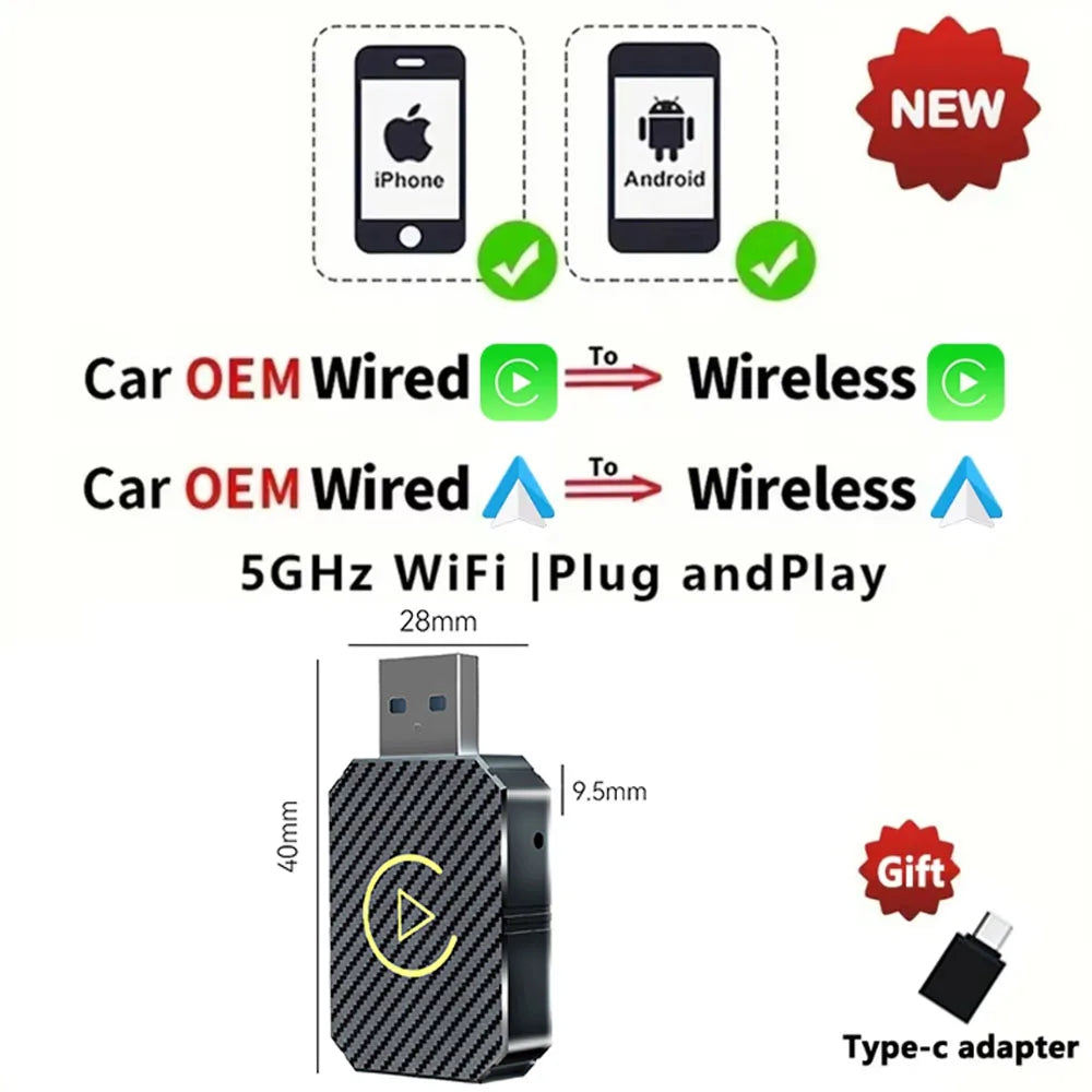 2-in-1 Wireless CarPlay Adapter - Convert Wired to Wireless for Apple & Android