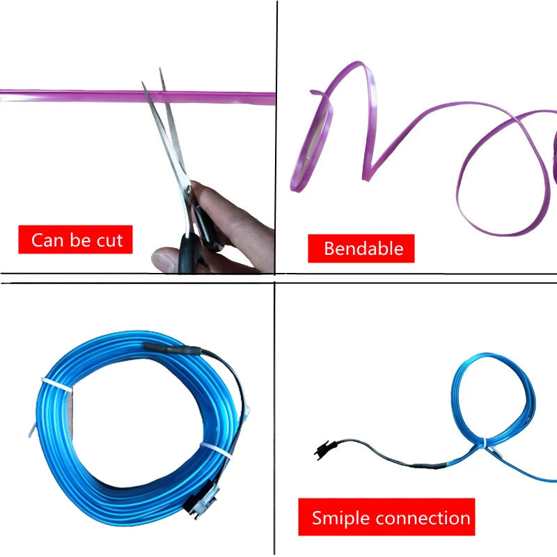 EL Wire Car Interior LED Strip - Flexible Neon Ambient Lighting for Auto DIY