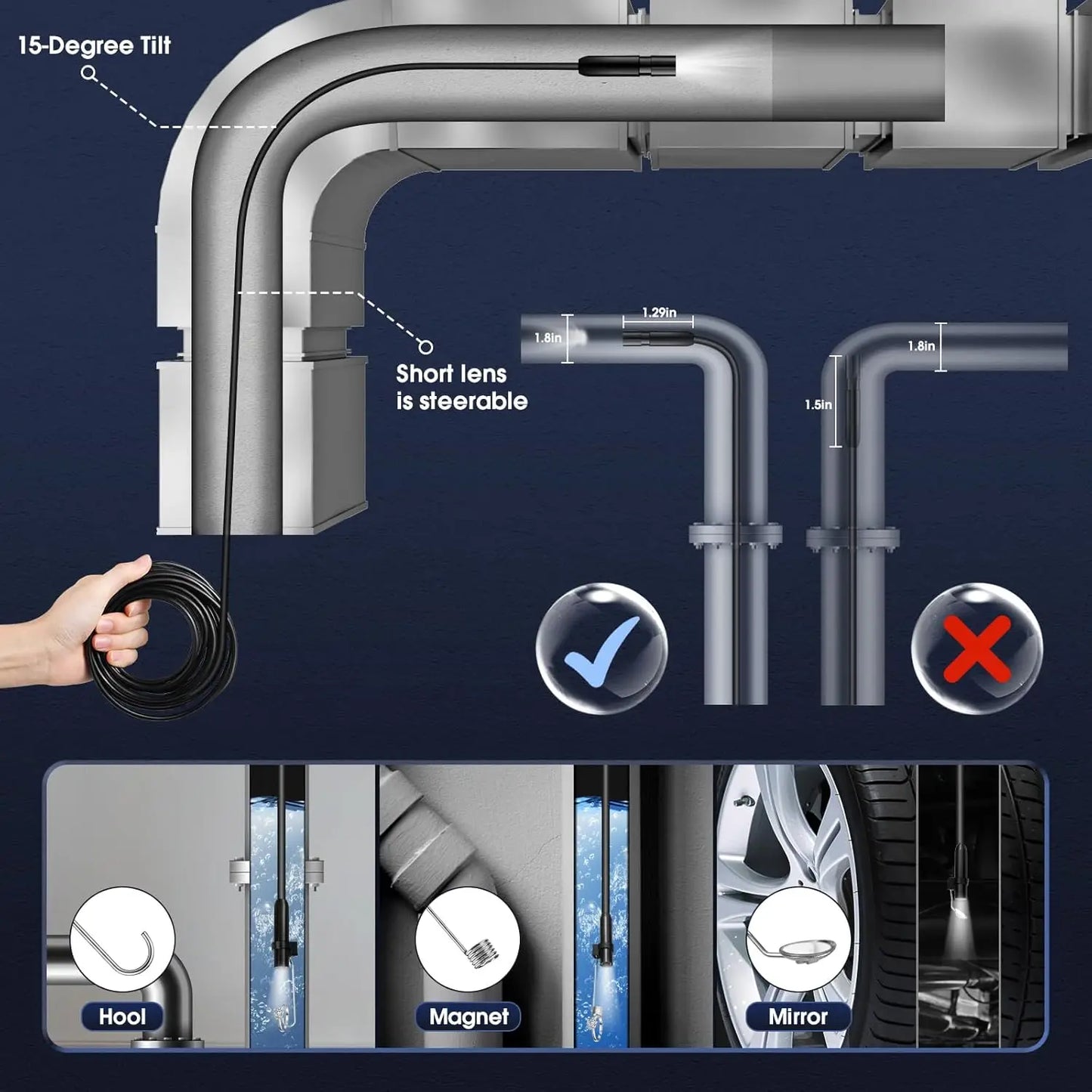 Industrial Endoscope Camera - 4.3" IPS Screen 1080P HD with 8 LED Lights & IP67 Waterproof