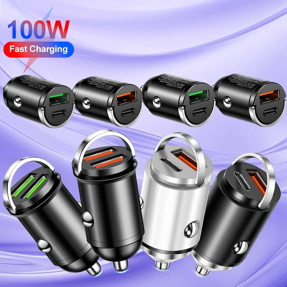 100W Mini Pull Ring Car Charger - Dual USB-C & QC 3.0 Fast Charging