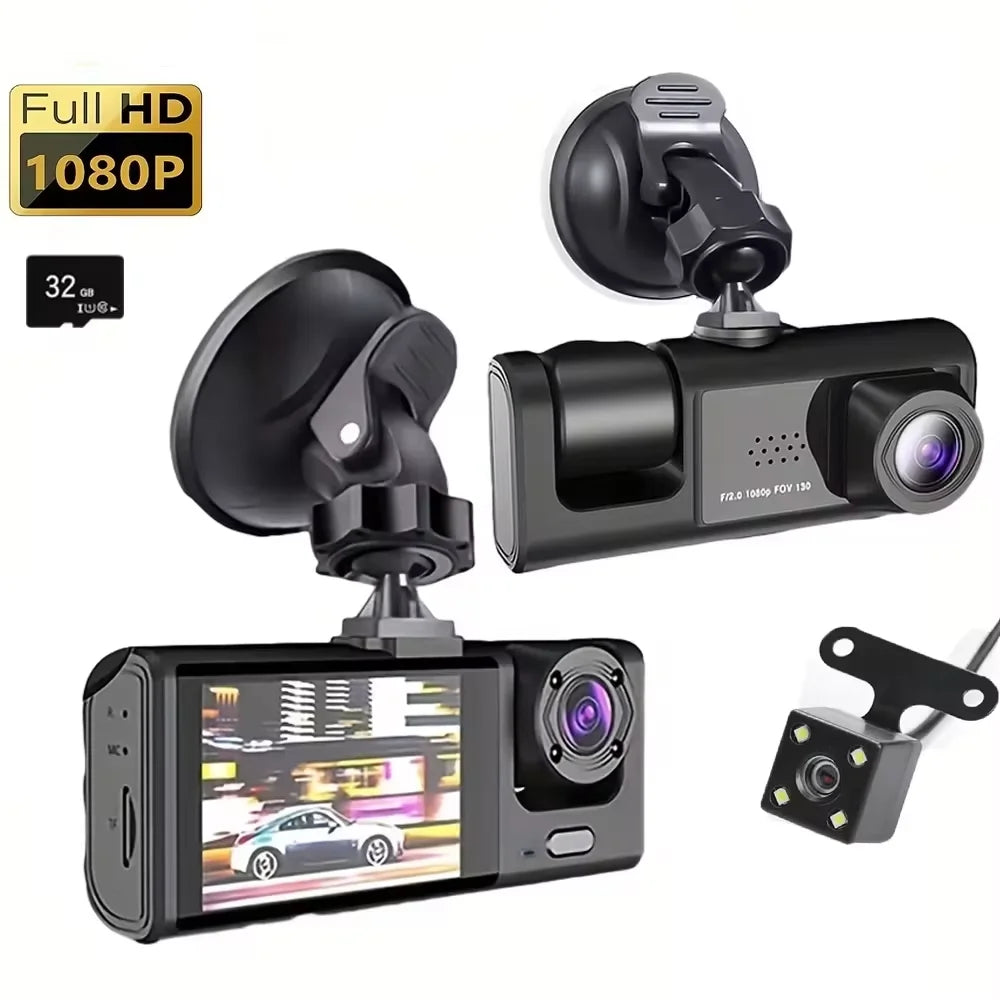 3-Camera Dash Cam System - 1080P HD with IR Night Vision & 2" IPS Screen