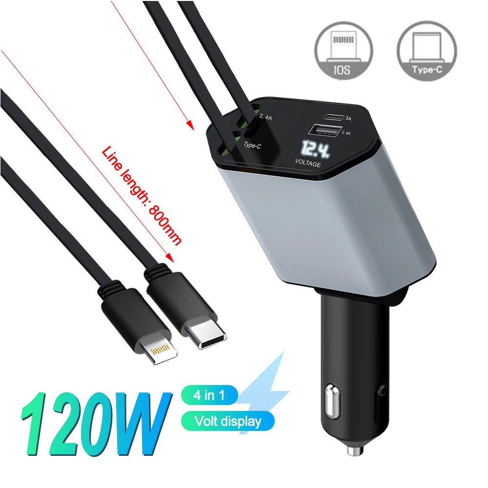 120W Fast Car Charger - 4-Device USB-C & Lightning with Retractable Cables