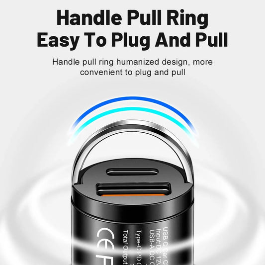 100W Mini Pull Ring Car Charger - Dual USB-C & QC 3.0 Fast Charging
