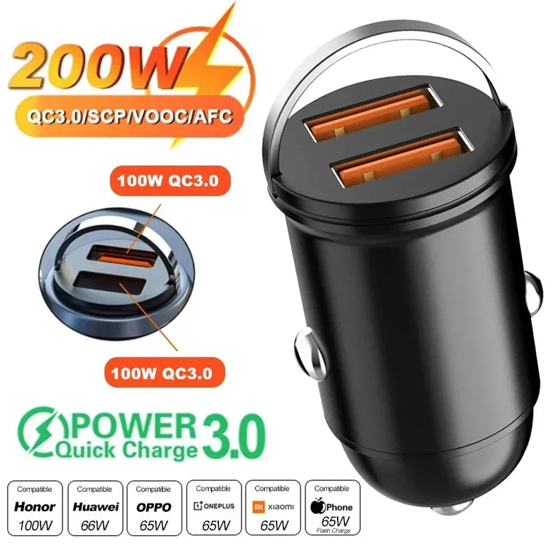 100W Mini Pull Ring Car Charger - Dual USB-C & QC 3.0 Fast Charging