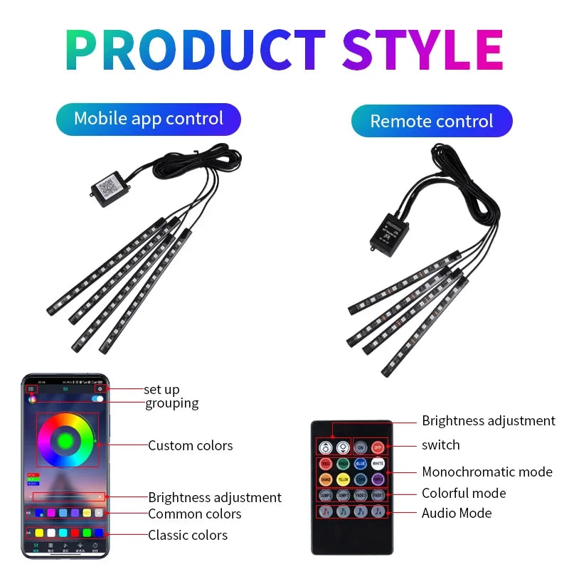 RGB LED Car Interior Strip Lights - Music Control Ambient Lighting Kit with Remote & App