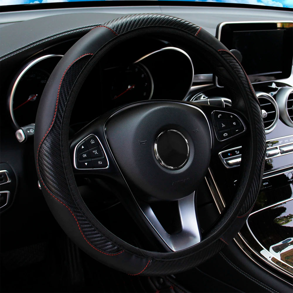 PU Carbon Fiber Steering Wheel Cover - Universal Fit for D-Type & Round Wheels