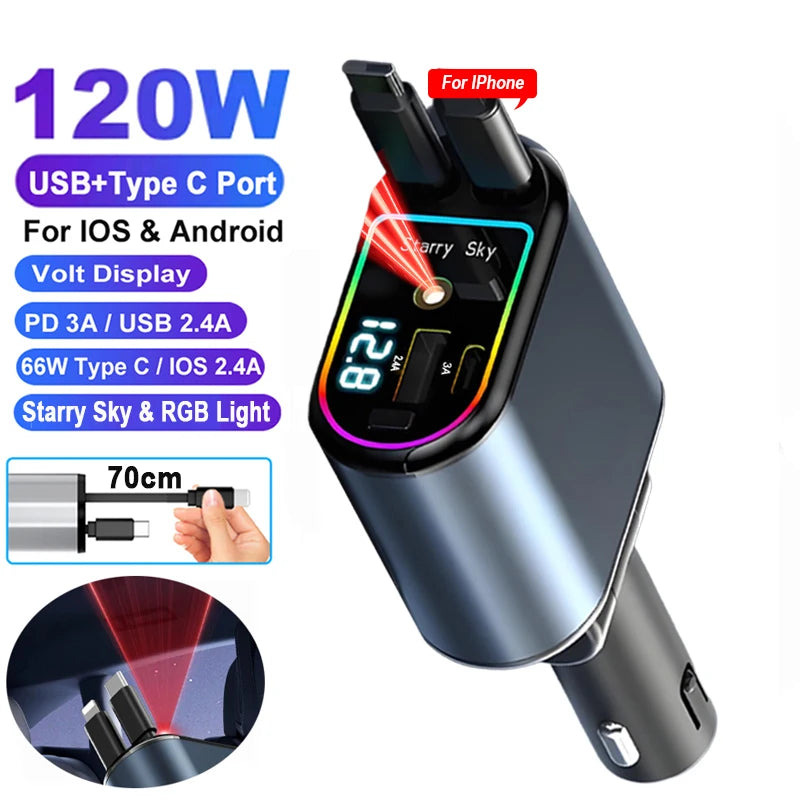120W Fast Car Charger - 4-Device USB-C & Lightning with Retractable Cables
