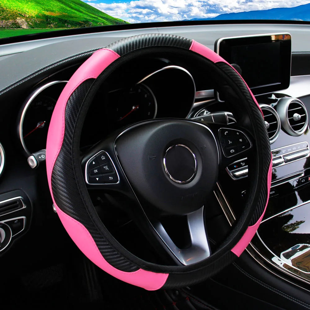 PU Carbon Fiber Steering Wheel Cover - Universal Fit for D-Type & Round Wheels