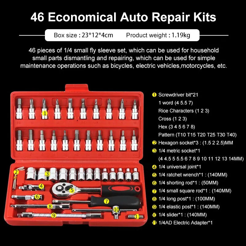 46-Piece Car Repair Tool Kit - Professional Mechanic Socket & Ratchet Set
