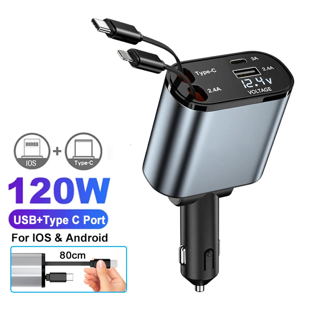 120W Fast Car Charger - 4-Device USB-C & Lightning with Retractable Cables